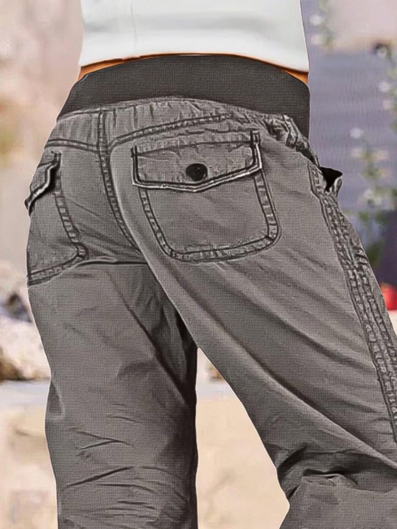 Flamingals Straight Leg Pants for Women Drawstring Waist Mid Rise Casual Solid Seam Detail Pants Gray S - Image 3