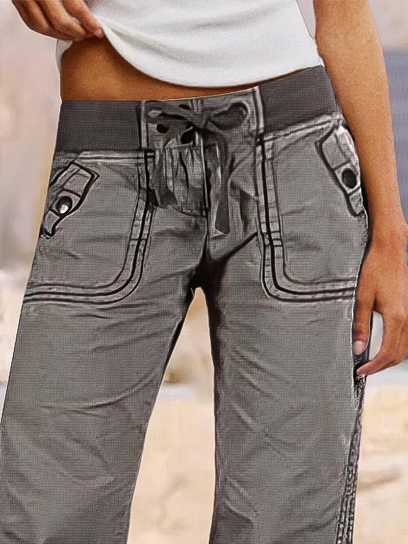 Flamingals Straight Leg Pants for Women Drawstring Waist Mid Rise Casual Solid Seam Detail Pants Gray S - Image 2