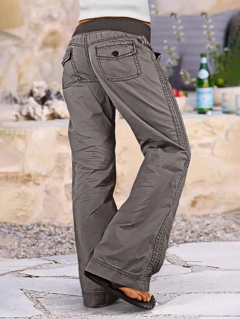 Flamingals Straight Leg Pants for Women Drawstring Waist Mid Rise Casual Solid Seam Detail Pants Gray S - Image 4