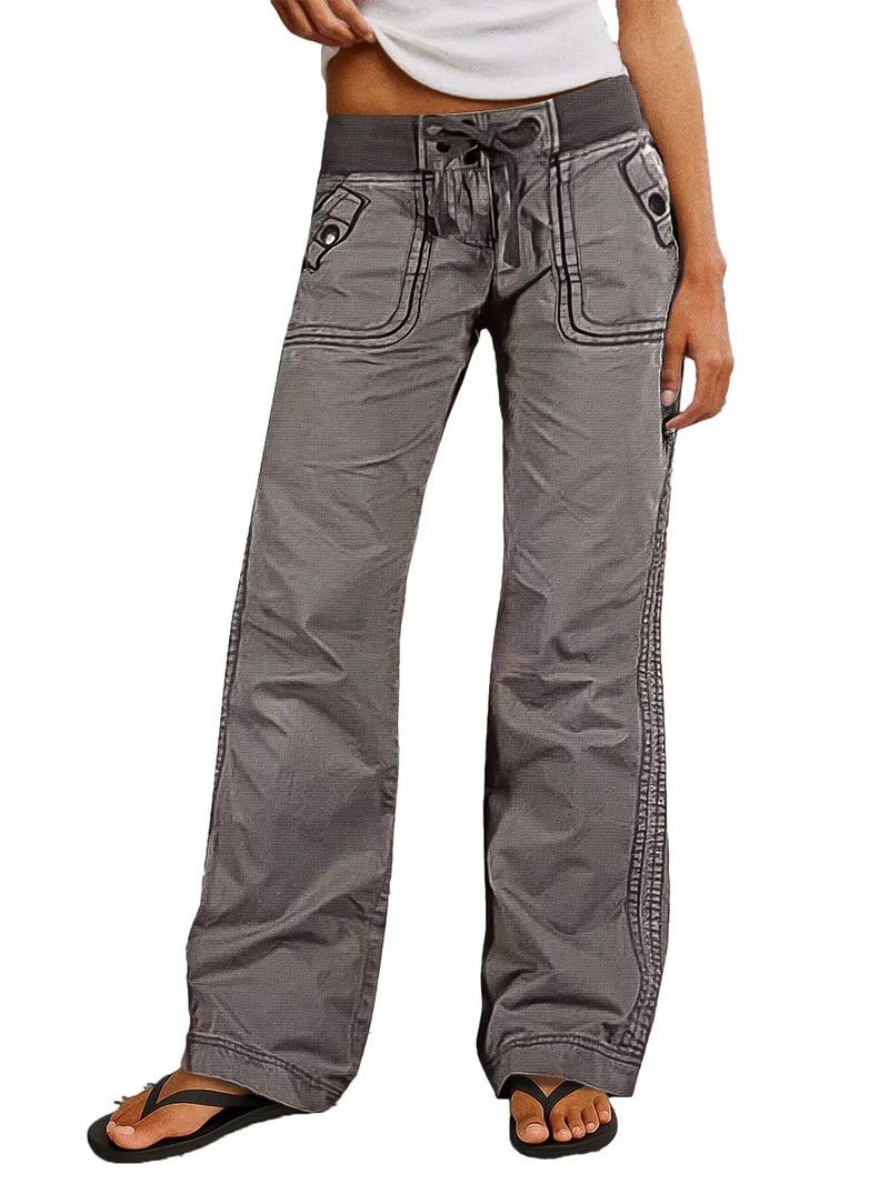 Flamingals Straight Leg Pants for Women Drawstring Waist Mid Rise Casual Solid Seam Detail Pants Gray S - Image 1
