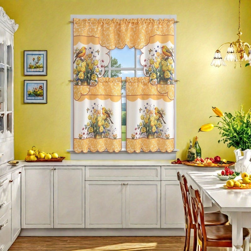 Bluebird With Cherry Blossom Window Curtain Set 3pcs Spring Home Decoration - Image 5