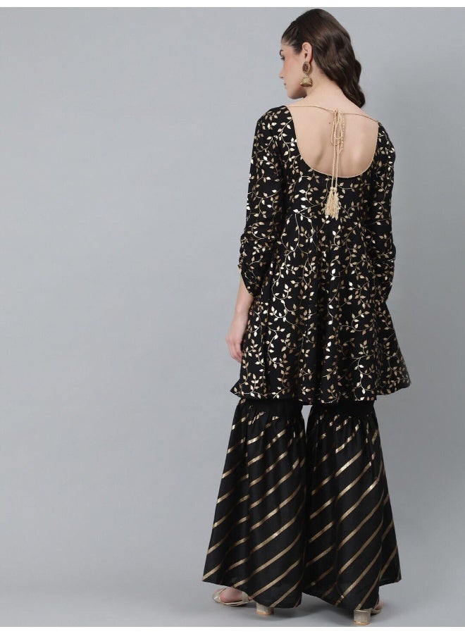 AKS Black & Gold Foil Printed A-Line Kurta With Sharara Set - Image 4