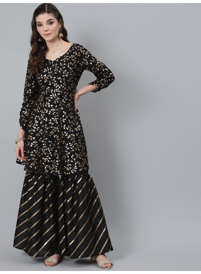 AKS Black & Gold Foil Printed A-Line Kurta With Sharara Set - Image 1