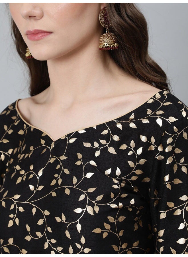 AKS Black & Gold Foil Printed A-Line Kurta With Sharara Set - Image 2