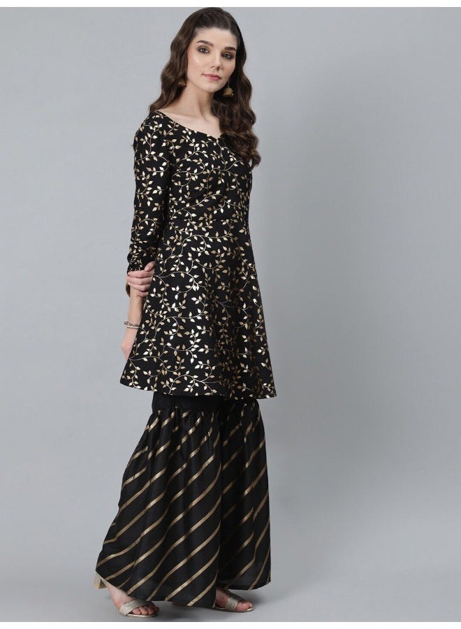 AKS Black & Gold Foil Printed A-Line Kurta With Sharara Set - Image 5