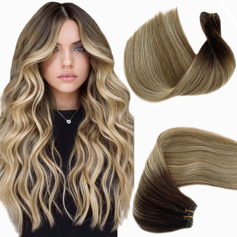 Sew in Hair Extensions Real Human Hair 16 Inch Straight Balayage Dark Brown to Ash Brown to Bleach Blonde Double Weft Human Hair Bundles