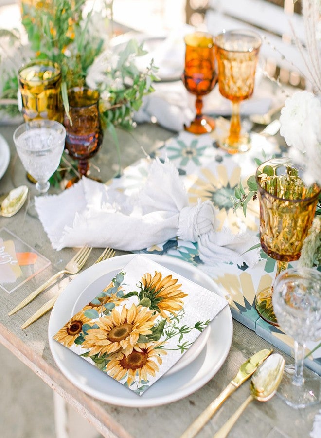 WRAPAHOLIC 50Pcs Sunflower Cocktail Napkins - 3-Ply Disposable Sunflower Paper Napkins for Wedding Bridal Shower Baby Shower Tea Party Birthday - 5 x 5 In - Image 5