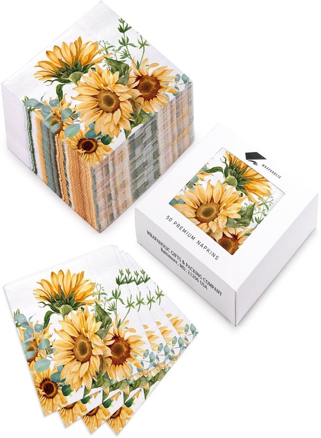 WRAPAHOLIC 50Pcs Sunflower Cocktail Napkins - 3-Ply Disposable Sunflower Paper Napkins for Wedding Bridal Shower Baby Shower Tea Party Birthday - 5 x 5 In - Image 2