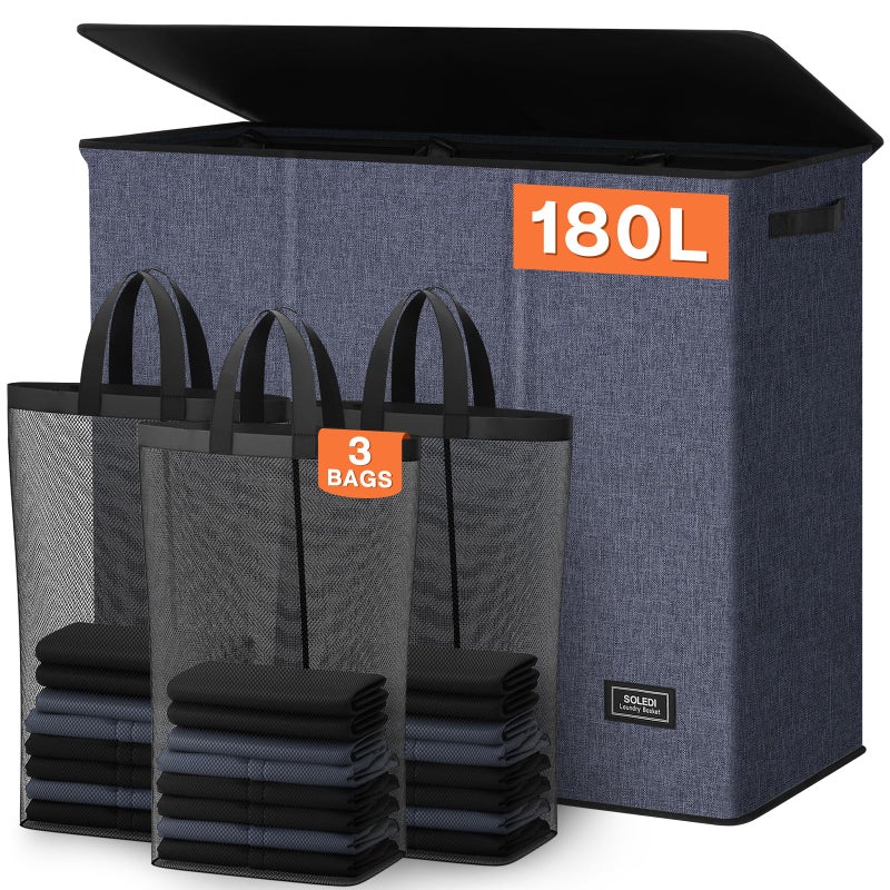 SOLEDI 180L 3-Section Laundry Hamper with Lid, Extra Large Dirty Clothes Basket with Sturdy Handles for Laundry Room & Bedroom - Durable Organizer for Sorting Laundry - Image 1