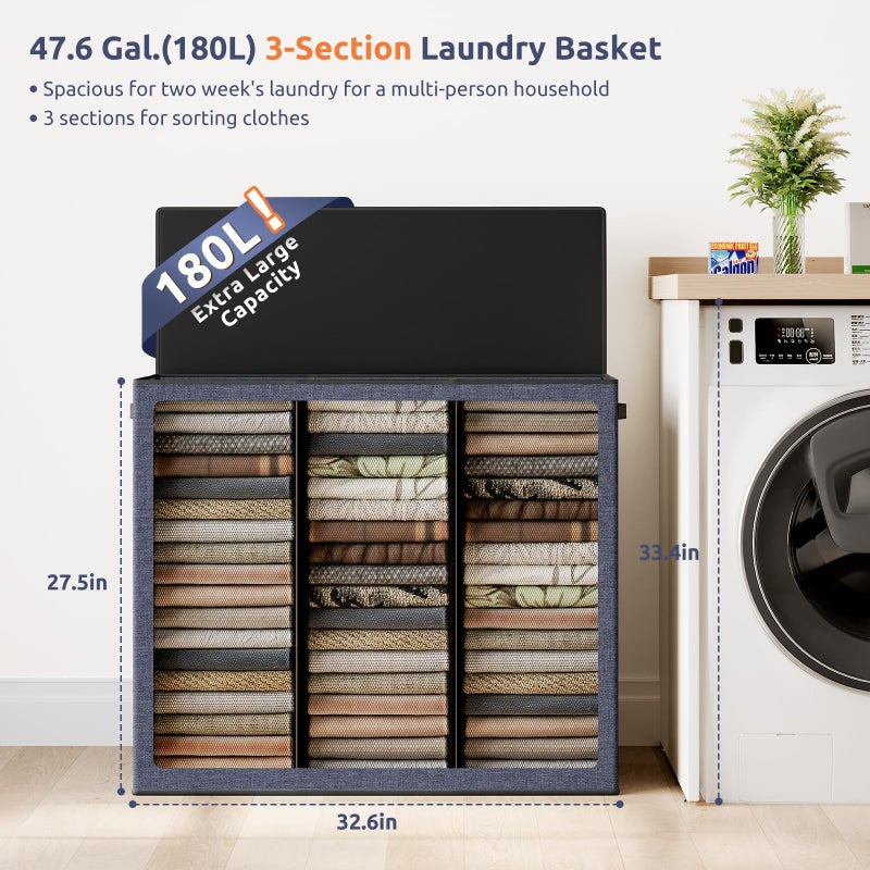 SOLEDI 180L 3-Section Laundry Hamper with Lid, Extra Large Dirty Clothes Basket with Sturdy Handles for Laundry Room & Bedroom - Durable Organizer for Sorting Laundry - Image 2