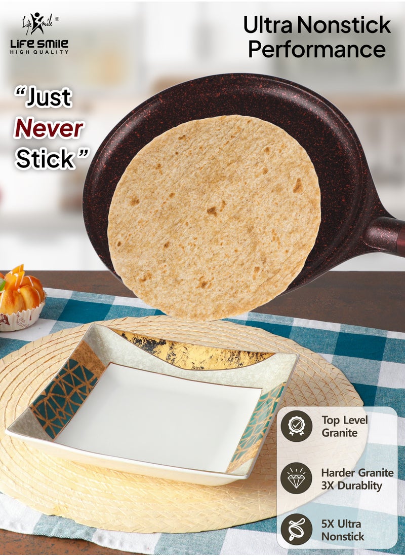 Life Smile 24cm   LIFE SMILE Crepe Pan, Non Stick Multi Layer Granite Coating, 100% PFOA FREE Tawa Pan, Induction Bottom Skillet Frying Pan for Pizza, Omelette, Tortillas  - Image 4