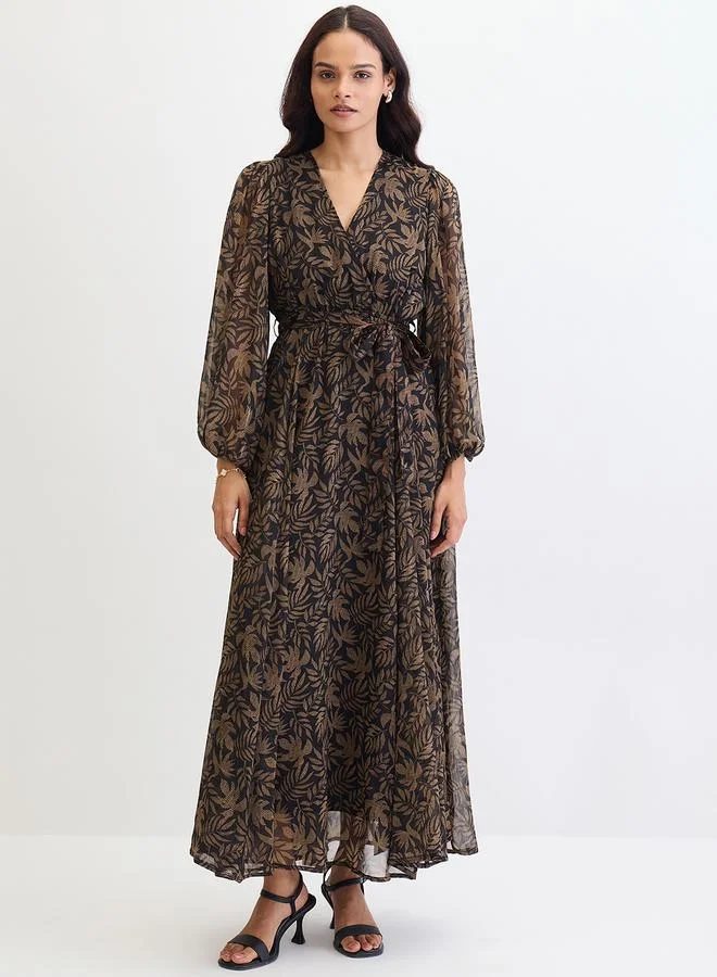 Femmella Black Leaf Print Balloon Sleeve Wrap Maxi Dress