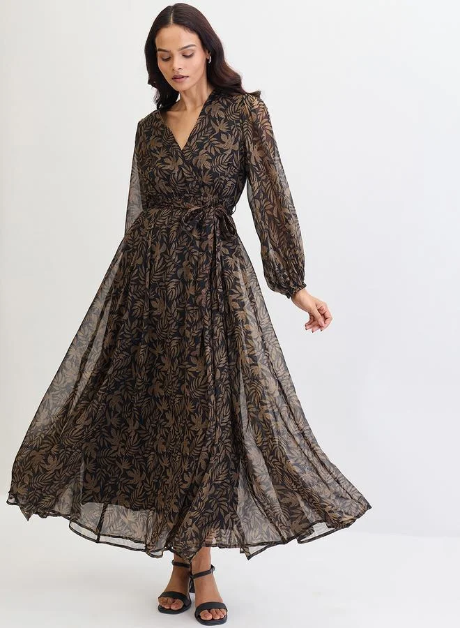 Femmella Black Leaf Print Balloon Sleeve Wrap Maxi Dress