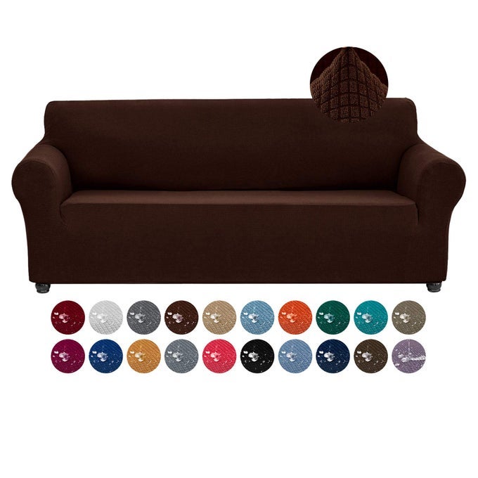STRETCH COUCH COVER SLIPCOVERS 1PIECE SOFA COVERS FOR 3 CUSHION COUCH SPANDEX JACQUARD WASHABLE FURNITURE PROTECTOR COVER FOR LIVING ROOMKIDSPETSSOFACHOCOLATE
