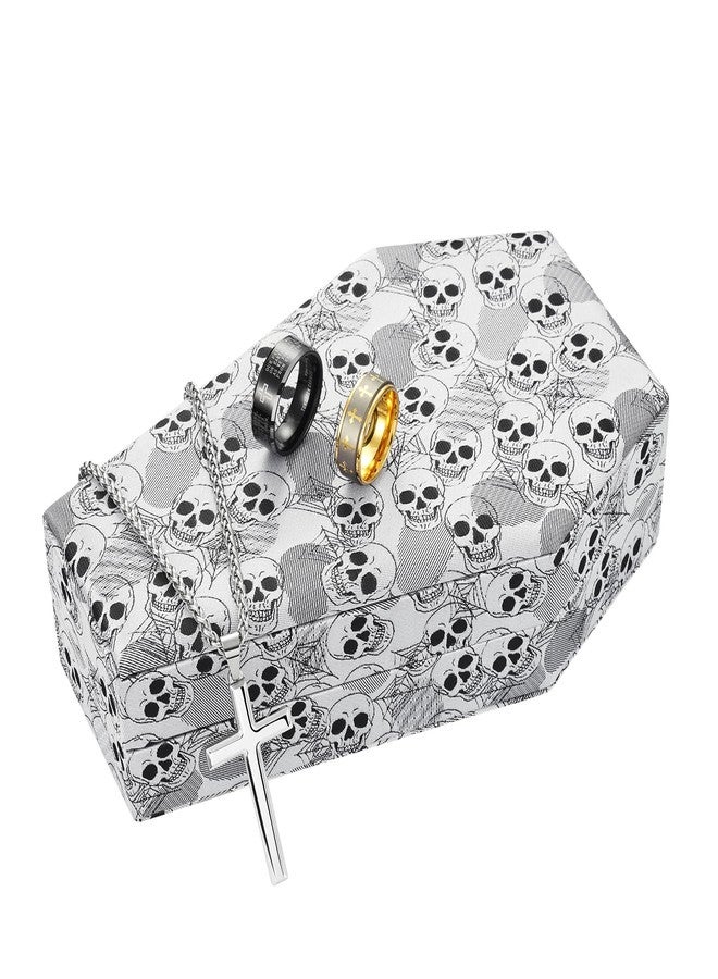 King Will Mens Ring Box Organization Coffin Shape Jewelry Boxes for Rings Premium Velvet Storage Case Unisex Two Tone Vintage Durable Lightweight Portable for Home Travel Luxury Gift, Skull Patterns - Image 1