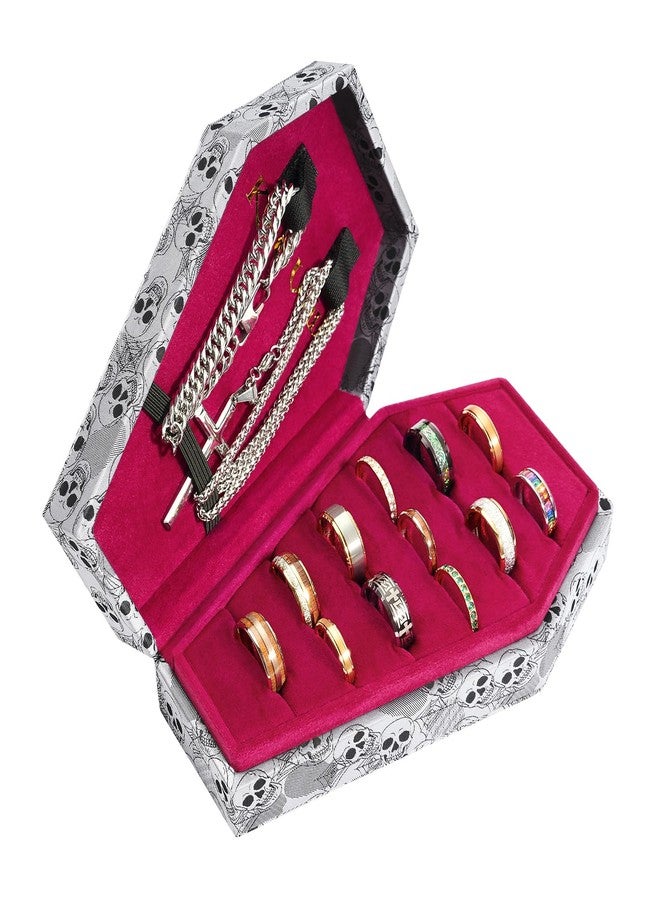 King Will Mens Ring Box Organization Coffin Shape Jewelry Boxes for Rings Premium Velvet Storage Case Unisex Two Tone Vintage Durable Lightweight Portable for Home Travel Luxury Gift, Skull Patterns - Image 2