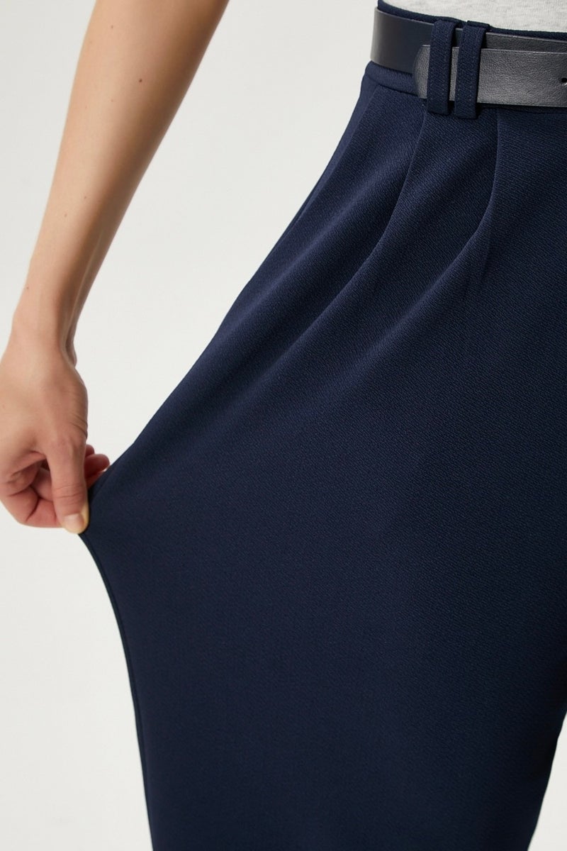 Ritnice Women's Rena Belted Lycra Navy Blue Palazzo Trousers  - Image 2