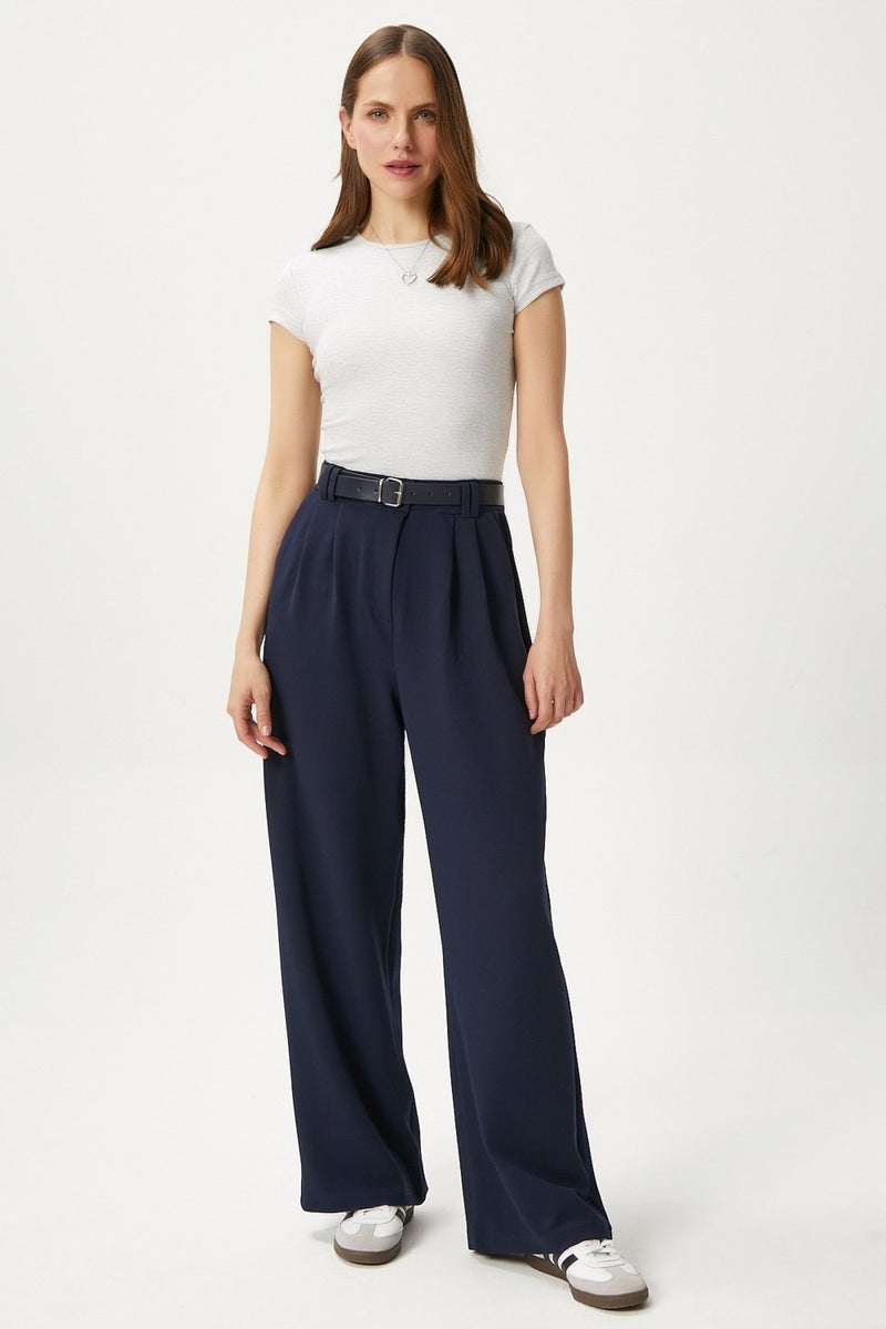 Ritnice Women's Rena Belted Lycra Navy Blue Palazzo Trousers  - Image 3