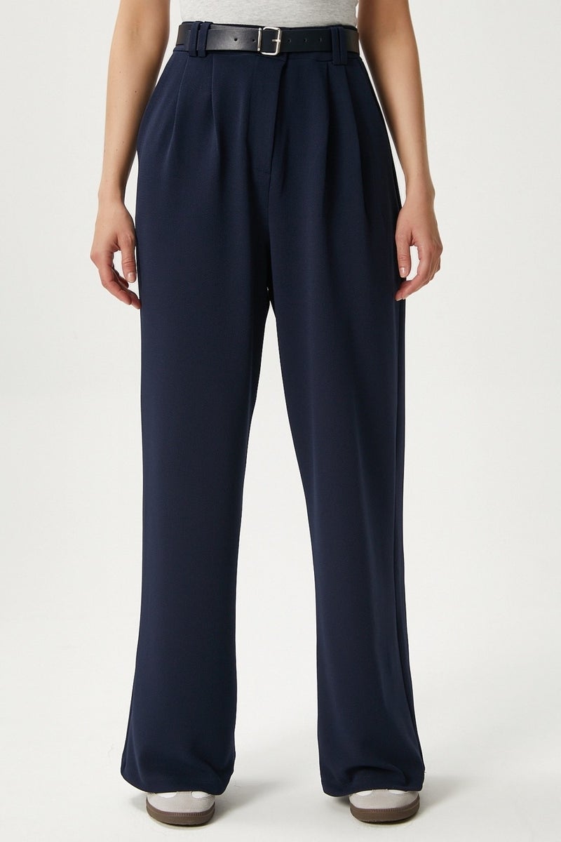 Ritnice Women's Rena Belted Lycra Navy Blue Palazzo Trousers  - Image 4