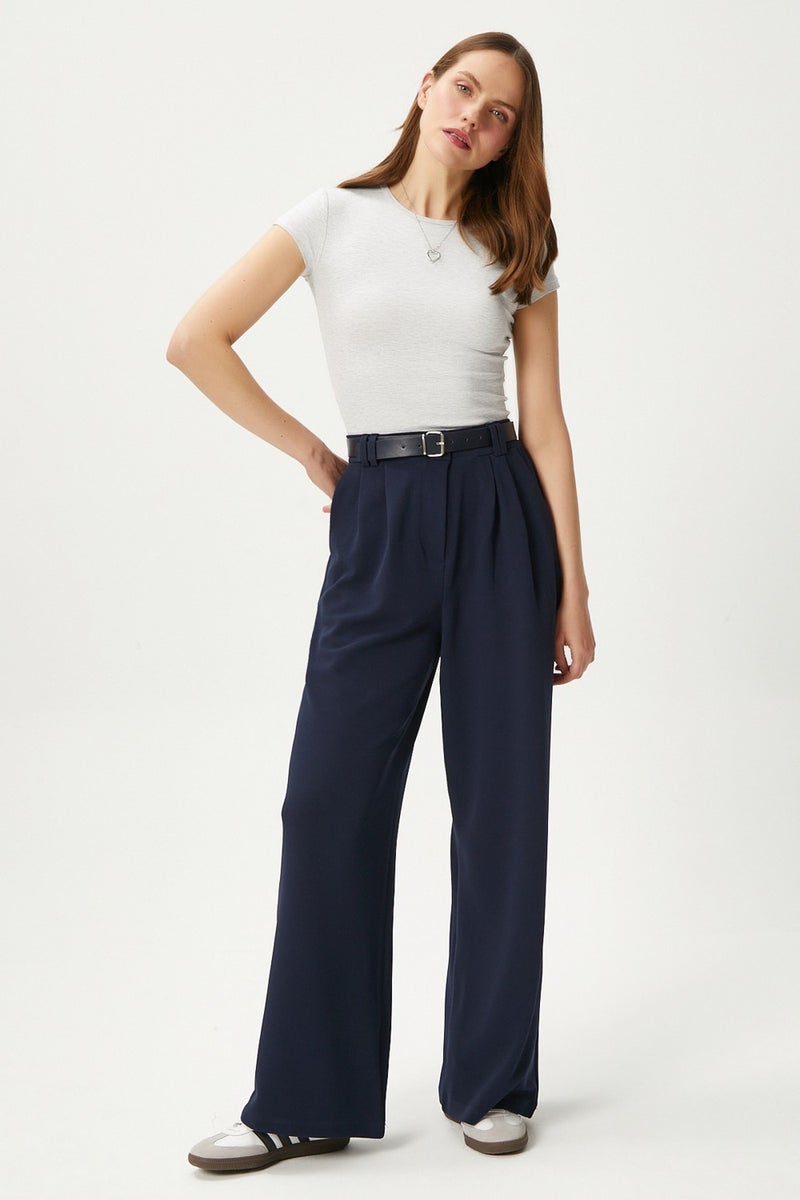 Ritnice Women's Rena Belted Lycra Navy Blue Palazzo Trousers  - Image 1