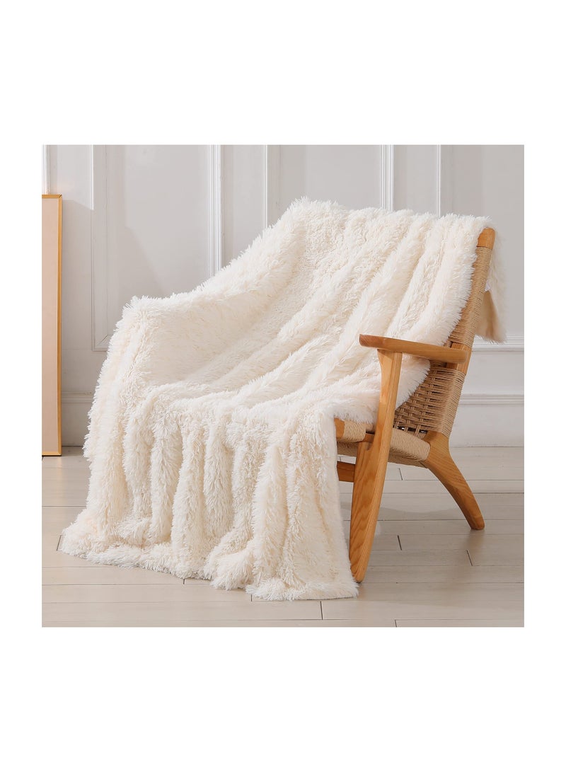 SYOSI Decorative Extra Soft Fuzzy Faux Fur Throw Blanket 50" x 63", Solid Reversible Lightweight Long Hair Shaggy Blanket, Fluffy Cozy Plush Comfy Microfiber Fleece for Couch Sofa Bedroom, Cream White  - Image 1