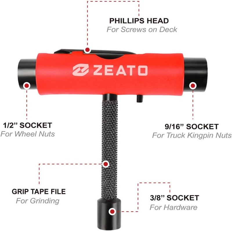 Zeato All-in-One Skate Tools Multi-Function Portable Skateboard T Tool Accessory with T-Type Allen Key and L-Type Phillips Head Wrench Screwdriver - Image 2