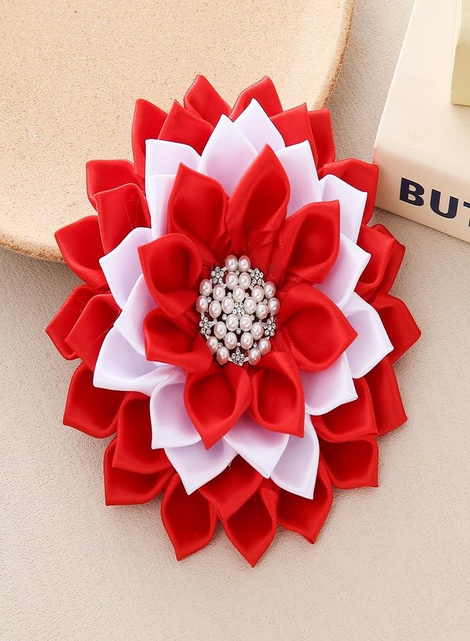 HUSURU Elegant Satin Fabric Ribbon Corsage Flower Brooch White Red Floral Delta DST Sorority Gifts Party Jewelry For Women - Image 3