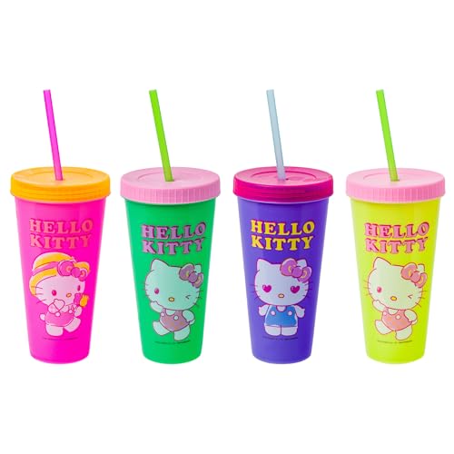 Silver Buffalo Silver Buffalo Sanrio Hello Kitty Summertime Gardening 4Pack Color Changing Plastic Tumblers Includes Lid and Straw 24 Ounces 