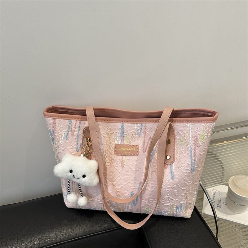 Trendy Large Tote Bag with Cute Pendant for Women - Image 4