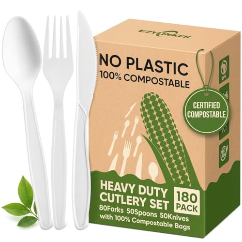 EZYLINKER 180Pcs Reusable Utensils Cornstarch Made - Heavy Duty Compostable Forks 80, Compostable Spoons 80, & 50 Knives Set - 100% Disposable Eco Friendly Flatware for Party, Wedding, BBQ, Camping (180 Pack) - Image 1