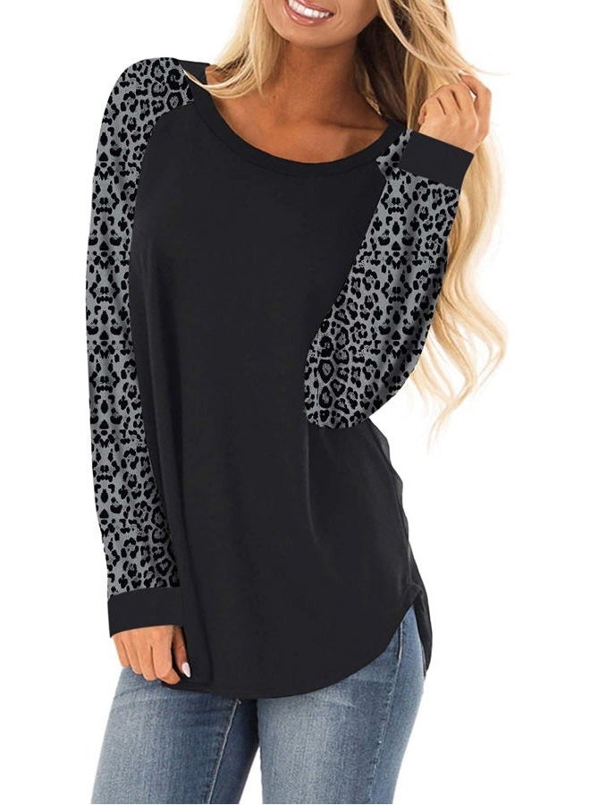 HARHAY Women's Cotton Knitted Long Sleeve Lightweight Tunic Sweatshirt Tops, 02 Black/Grey Leopard, M - Image 1