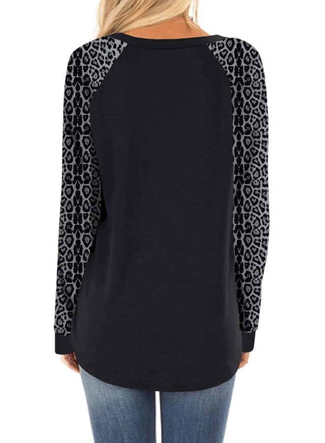 HARHAY Women's Cotton Knitted Long Sleeve Lightweight Tunic Sweatshirt Tops, 02 Black/Grey Leopard, M - Image 2