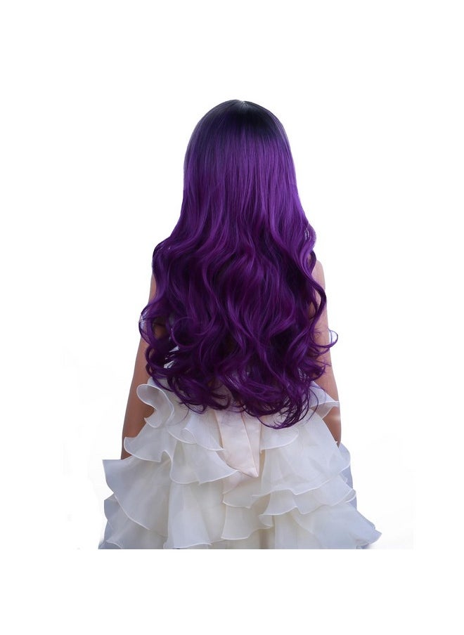 PATTNIUM Dark Purple Wig Kids Child Wig Long Curly Wavy Wig Ombre Purple Wig Middle Part Girls Wig Black To Purple Wigs Heat Resistant Synthetic Hair Wig With Wig Cap  - Image 5