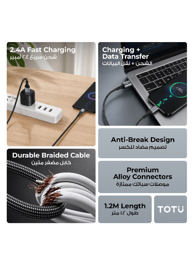 Totu 2.4A Fast Charging Micro USB Cable [1.2m] Nylon Braided Anti-Break Android Data Cord with Aluminum Alloy Shell, Black - Image 2