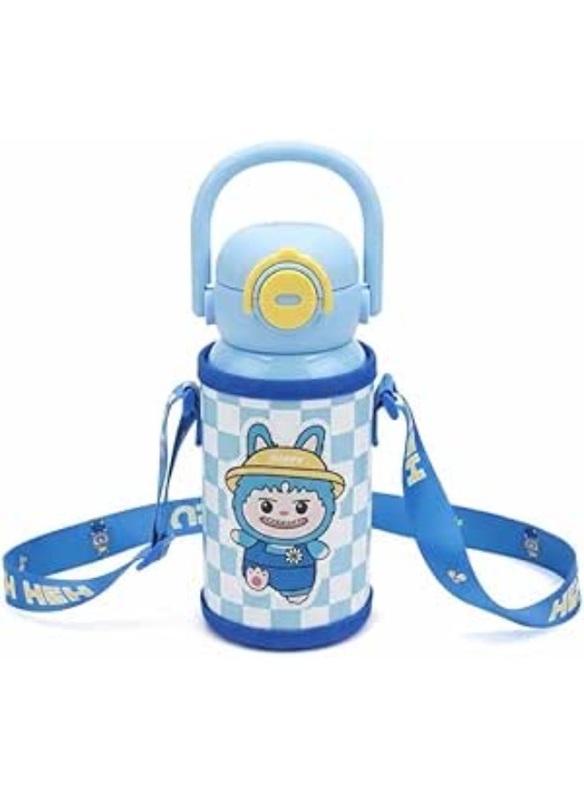 سبيس شوب زجاجة مياه أنيقة للأطفال من الستانلس ستيل المعزول مع غطاء واقي وحزام كتف قابل للتعديل     قارورة حرارية للساخن والبارد للمدرسة والسفر سعة ٥٠٠ مل متعددة الألوان - Image 1