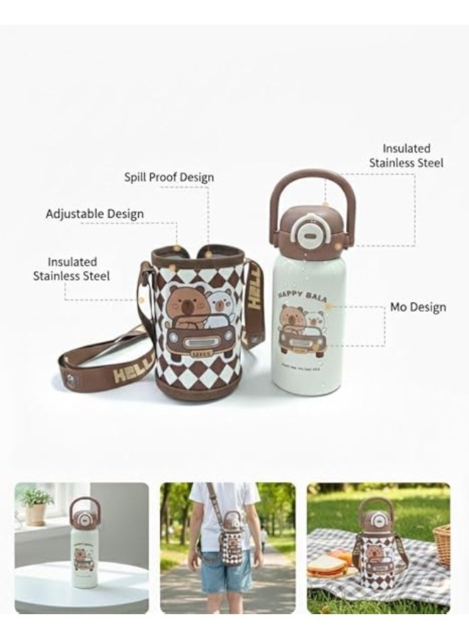 سبيس شوب زجاجة مياه أنيقة للأطفال من الستانلس ستيل المعزول مع غطاء واقي وحزام كتف قابل للتعديل     قارورة حرارية للساخن والبارد للمدرسة والسفر سعة ٥٠٠ مل متعددة الألوان - Image 5