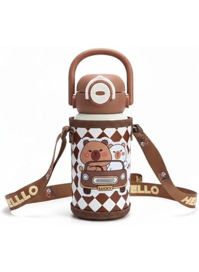 سبيس شوب زجاجة مياه أنيقة للأطفال من الستانلس ستيل المعزول مع غطاء واقي وحزام كتف قابل للتعديل     قارورة حرارية للساخن والبارد للمدرسة والسفر سعة ٥٠٠ مل متعددة الألوان - Image 3