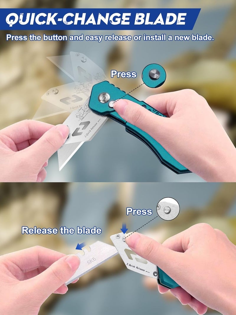 BIBURY Utility Knife, Heavy Duty Folding Box Cutter, Pocket Carpet Cutter Knife with 10 Extra SK5 Stainless Steel Blades, Easy Release Button, Belt Clip, Quick Change and Safety Lock-Green - Image 2