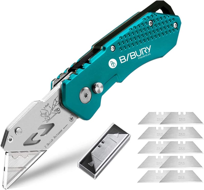 BIBURY Utility Knife, Heavy Duty Folding Box Cutter, Pocket Carpet Cutter Knife with 10 Extra SK5 Stainless Steel Blades, Easy Release Button, Belt Clip, Quick Change and Safety Lock-Green - Image 1