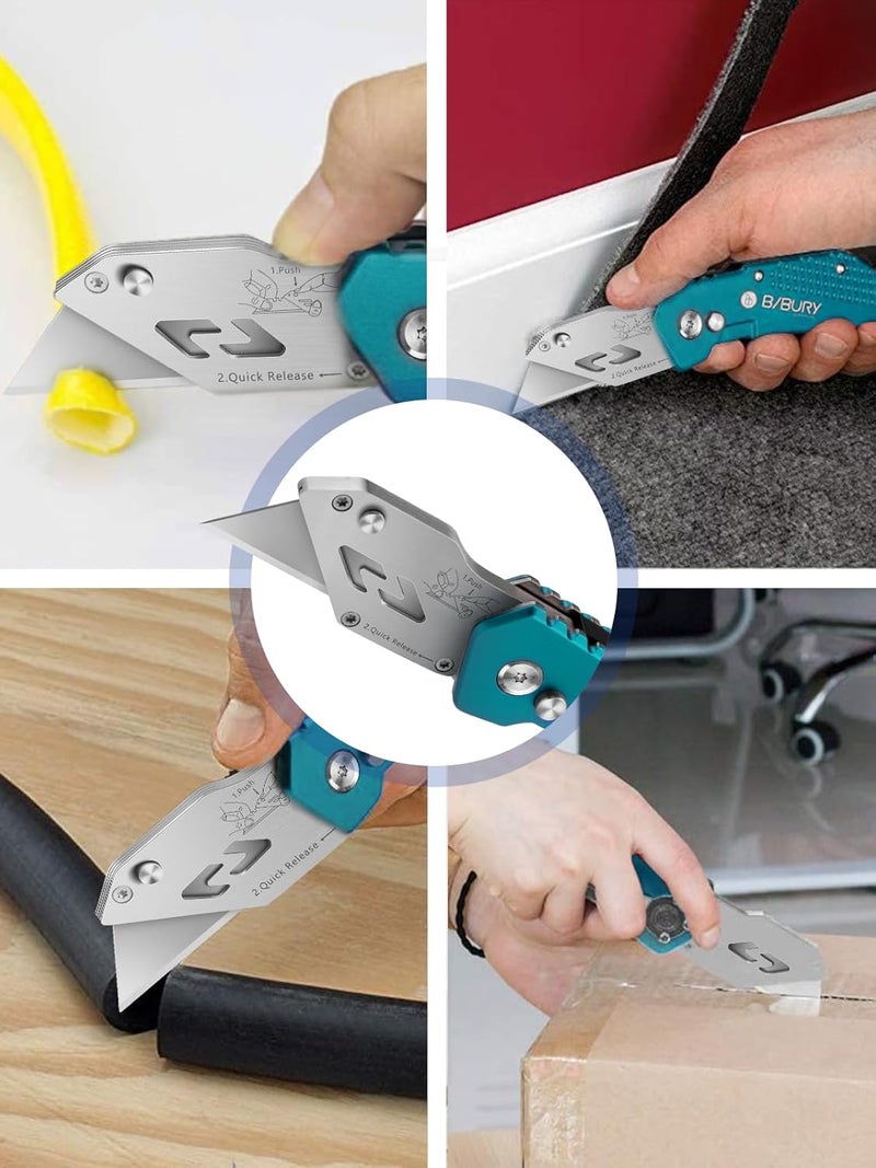 BIBURY Utility Knife, Heavy Duty Folding Box Cutter, Pocket Carpet Cutter Knife with 10 Extra SK5 Stainless Steel Blades, Easy Release Button, Belt Clip, Quick Change and Safety Lock-Green - Image 5
