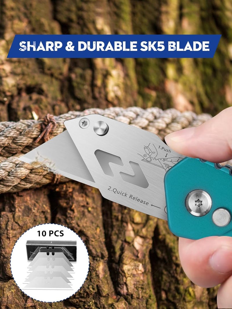 BIBURY Utility Knife, Heavy Duty Folding Box Cutter, Pocket Carpet Cutter Knife with 10 Extra SK5 Stainless Steel Blades, Easy Release Button, Belt Clip, Quick Change and Safety Lock-Green - Image 3