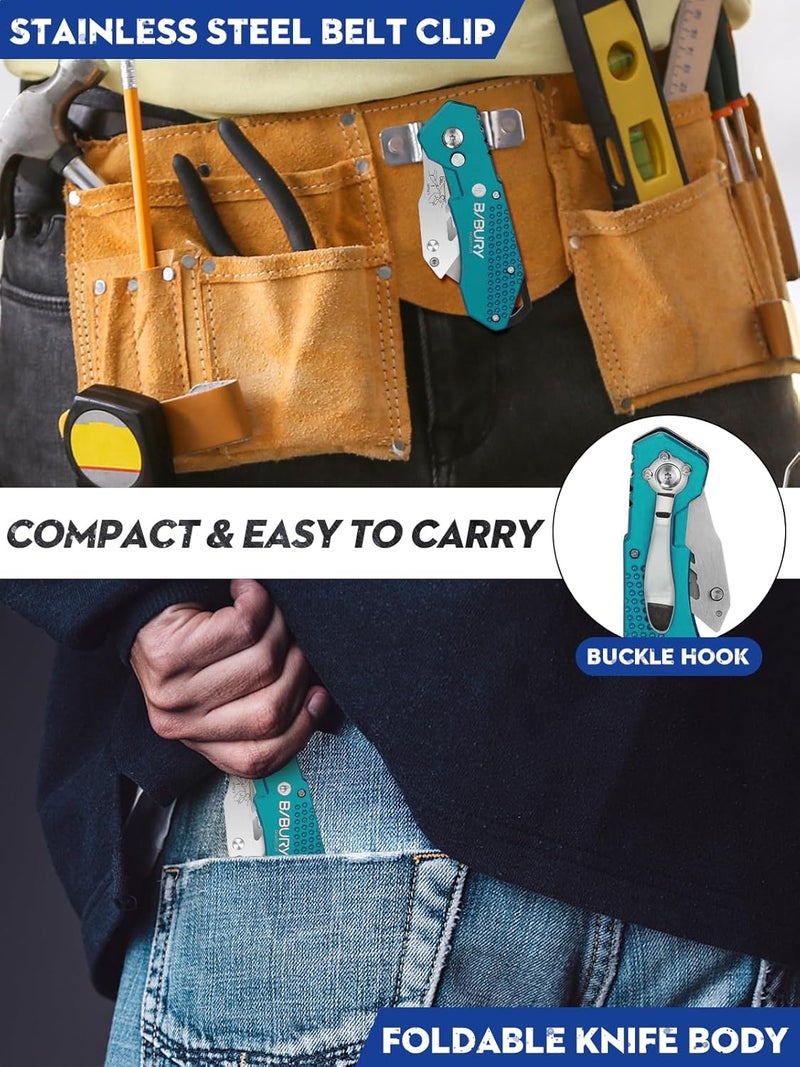 BIBURY Utility Knife, Heavy Duty Folding Box Cutter, Pocket Carpet Cutter Knife with 10 Extra SK5 Stainless Steel Blades, Easy Release Button, Belt Clip, Quick Change and Safety Lock-Green - Image 4