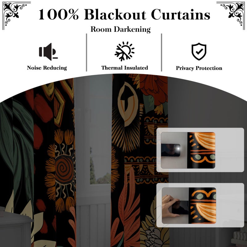 Tyrot 100% Blackout Black Boho Floral Curtains for Living Room 84 inch Long 2 Panels Farmhouse Mid Century Black Out Curtains for Bedroom Grommet Thermal Insulated Room Darkening Window Drapes,52Wx84L - Image 3