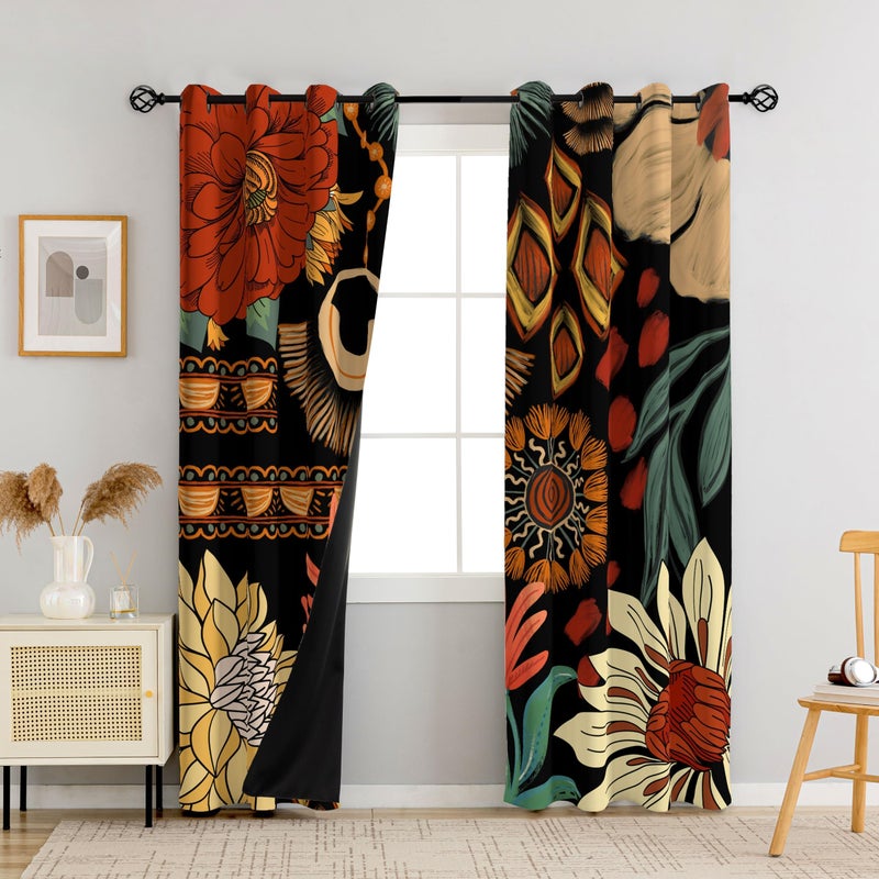 Tyrot 100% Blackout Black Boho Floral Curtains for Living Room 84 inch Long 2 Panels Farmhouse Mid Century Black Out Curtains for Bedroom Grommet Thermal Insulated Room Darkening Window Drapes,52Wx84L - Image 2