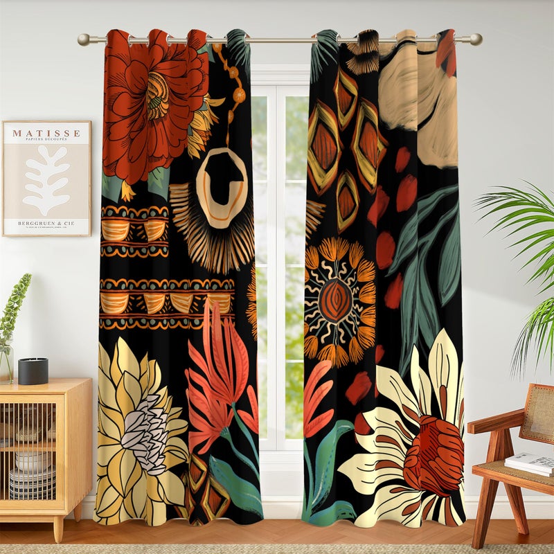 Tyrot 100% Blackout Black Boho Floral Curtains for Living Room 84 inch Long 2 Panels Farmhouse Mid Century Black Out Curtains for Bedroom Grommet Thermal Insulated Room Darkening Window Drapes,52Wx84L - Image 1