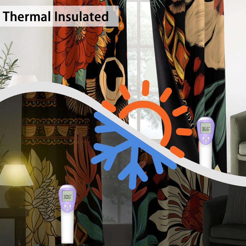 Tyrot 100% Blackout Black Boho Floral Curtains for Living Room 84 inch Long 2 Panels Farmhouse Mid Century Black Out Curtains for Bedroom Grommet Thermal Insulated Room Darkening Window Drapes,52Wx84L - Image 4