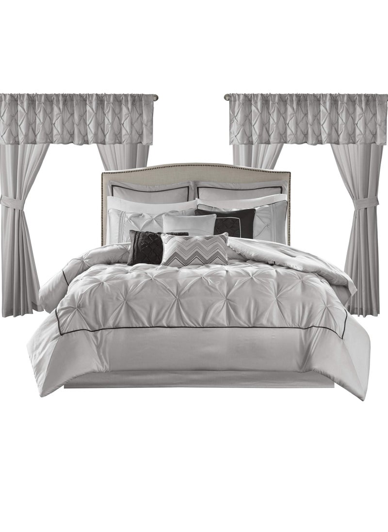 madison park Madison Park Essentials Room in a Bag Faux Silk Comforter Set  Luxe Diamond Tufting All Season Bedding Matching Curtains Decorative Pillows Grey Queen90x90 24 Piece 