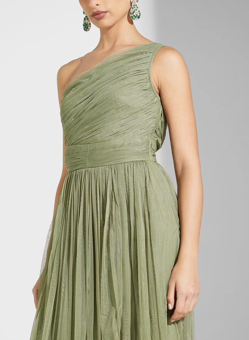 Lace and Beads Olive One-Shoulder Dress