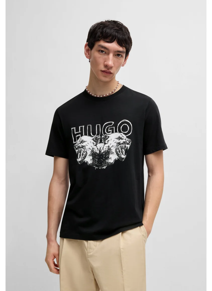 هوجو Cotton-jersey T-shirt with logo and animal graphic
