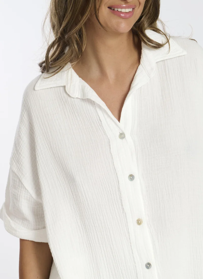 ساوث بيتش طقم شورت قصير بأكمام قصيرة قطن وافل أبيض